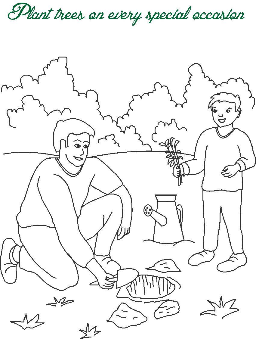 Plant trees printable coloring page for kids