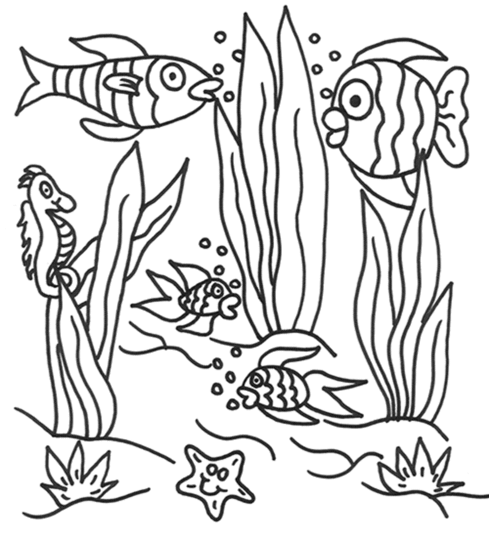 Раскраска Морское дно с рыбками