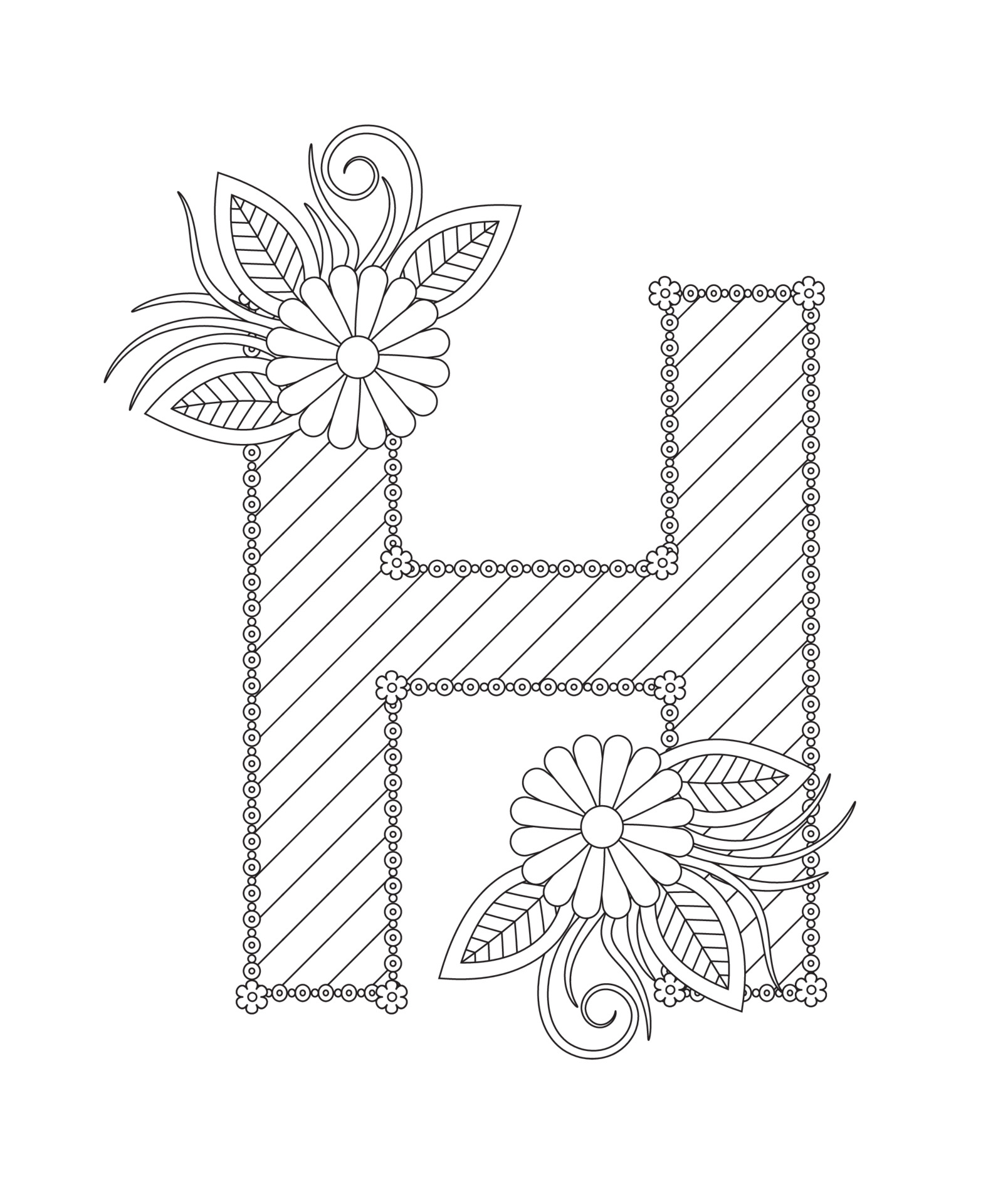 Alphabet coloring page with floral style. ABC coloring page - letter H  3543247 Vector Art at Vecteezy