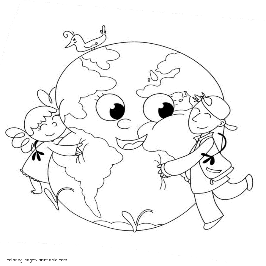 Children hugging the Earth coloring page || COLORING-PAGES-PRINTABLE.COM