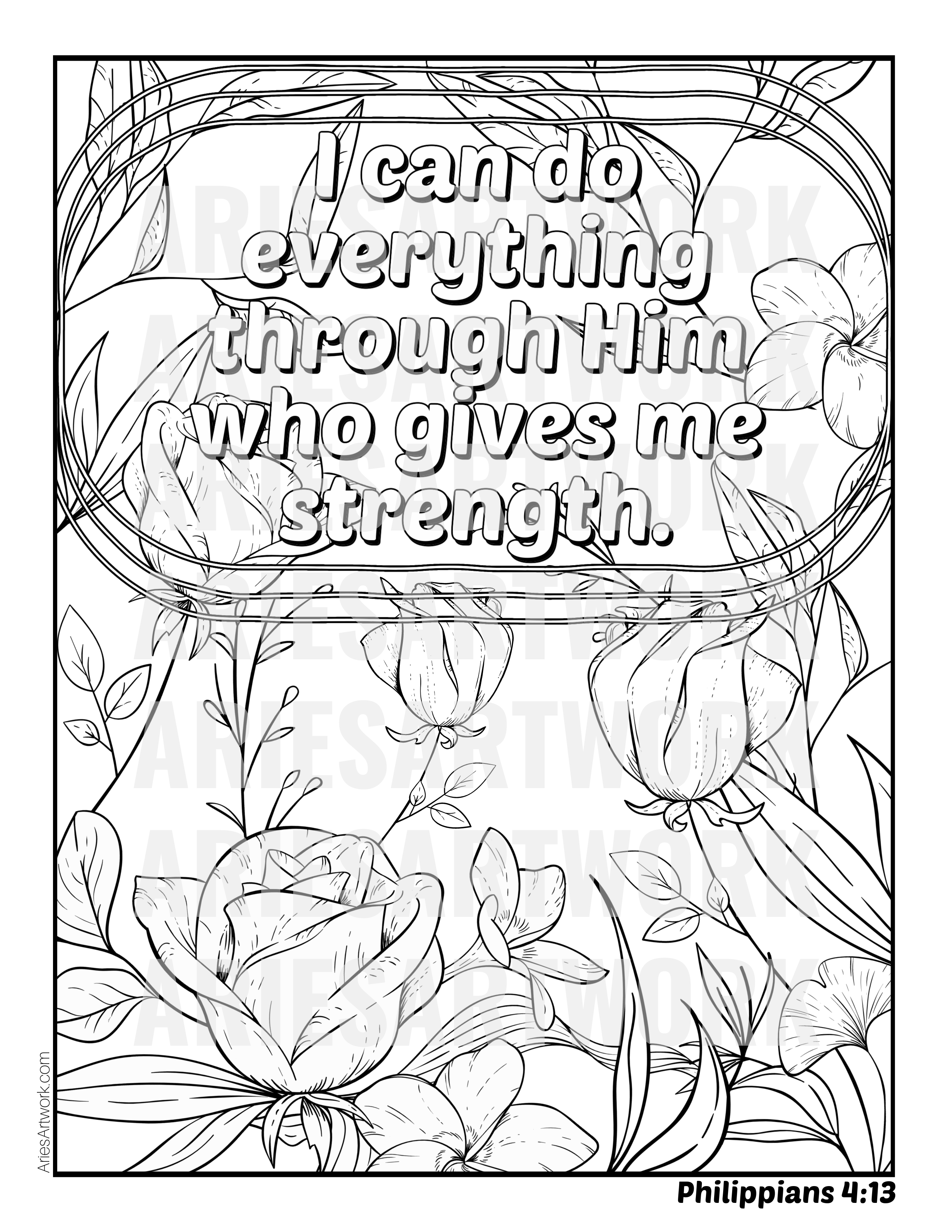 Bible Verse Adult Coloring Page - Floral Theme - 8.5x11