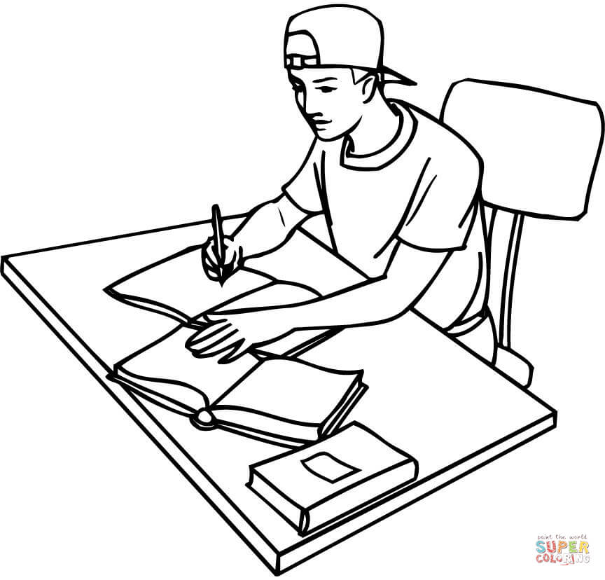 Teenager Student Studying with Books coloring page | Free ...