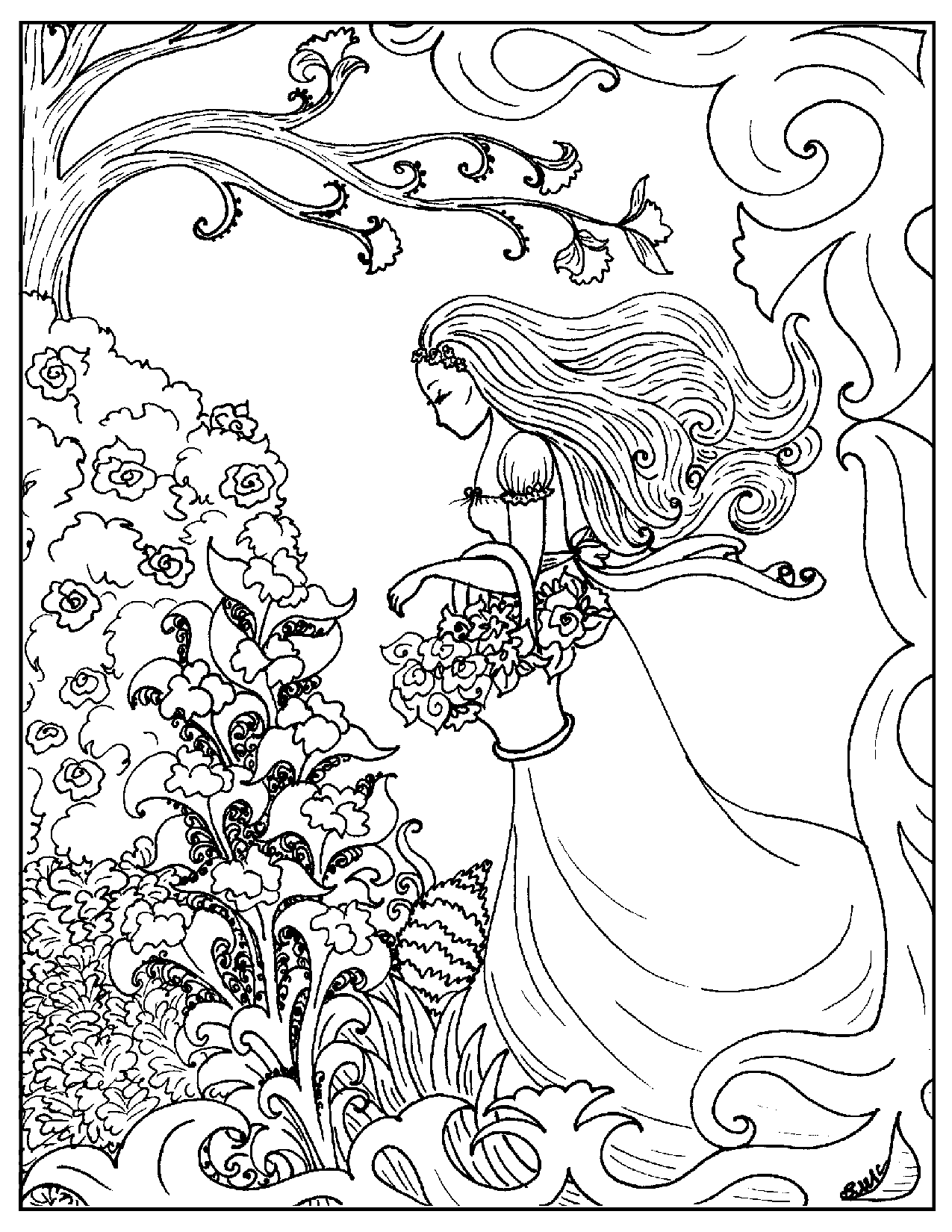 Art nouveau coloring page flower girl id 73840 : Uncategorized ...