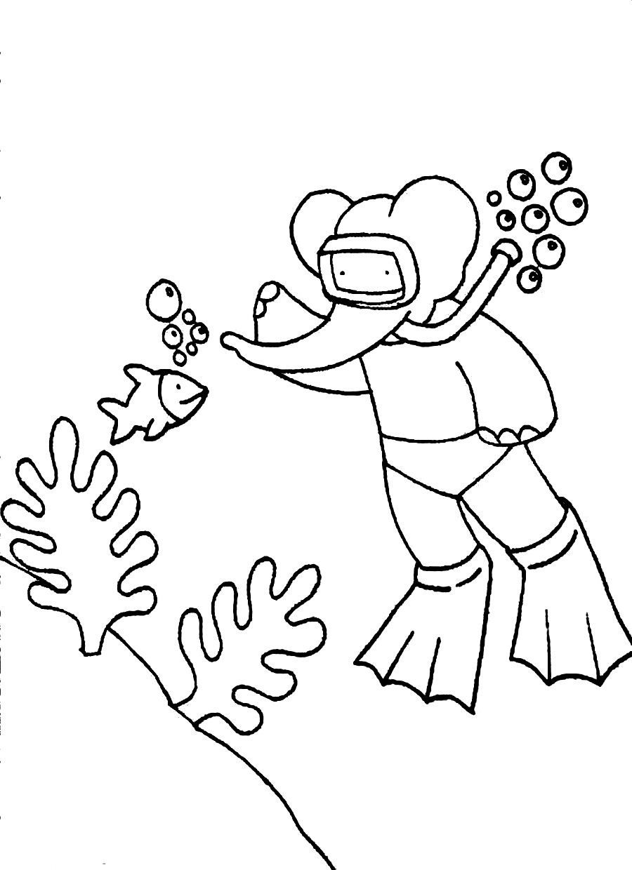 Free Cartoon Coloring Pages Babar Diving Under The Sea | Cartoon ...
