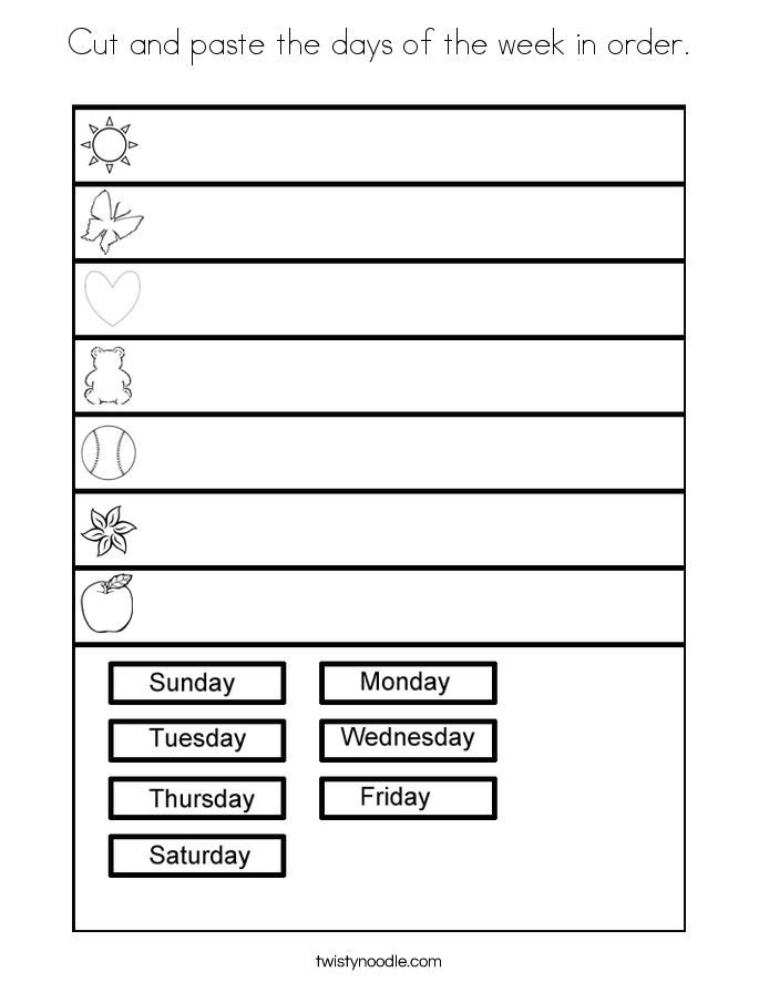 Cut and paste the days of the week in order Coloring Page - Twisty ...