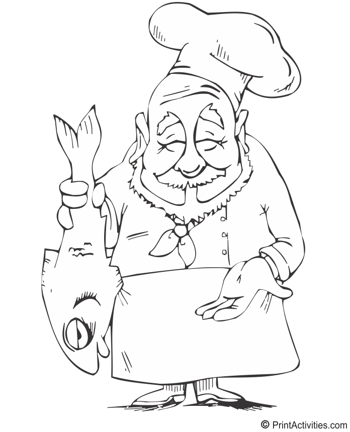Chef Coloring Page | Male Chef holding Fish