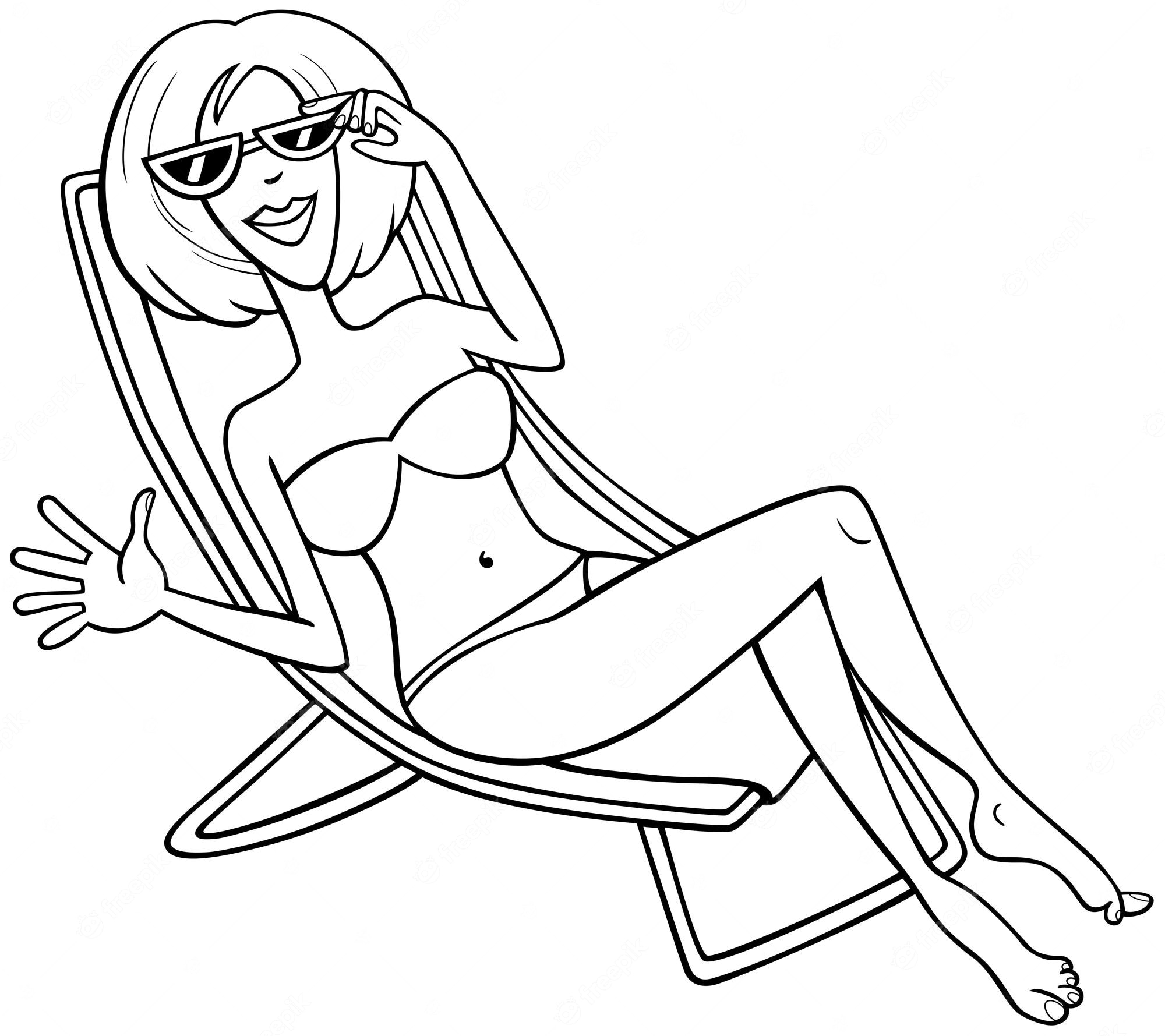 Premium Vector | Cartoon woman character on a beach chair coloring page