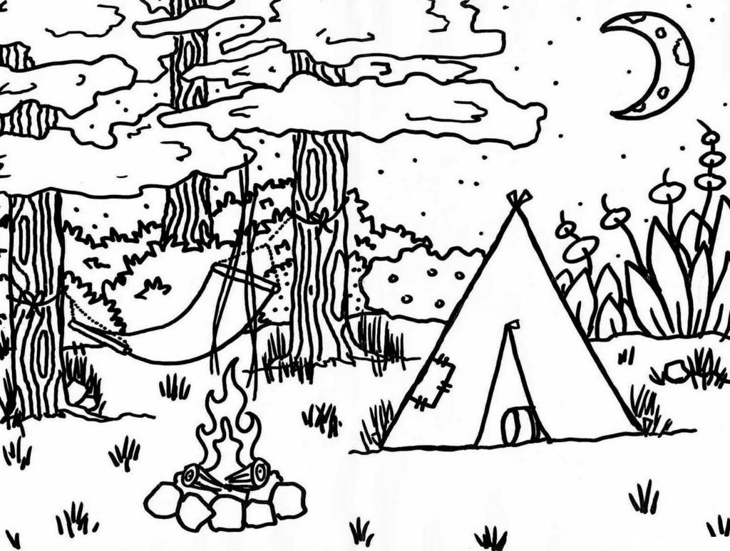 Printable Camp-fire in the Woods coloring page for both aldults and kids.
