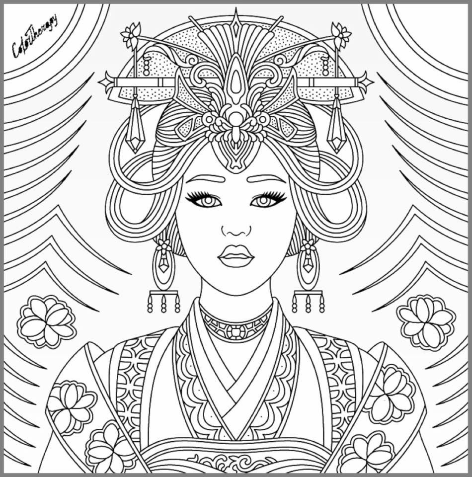 Asian beauty coloring page | Coloring books, Coloring pages, Adult ...