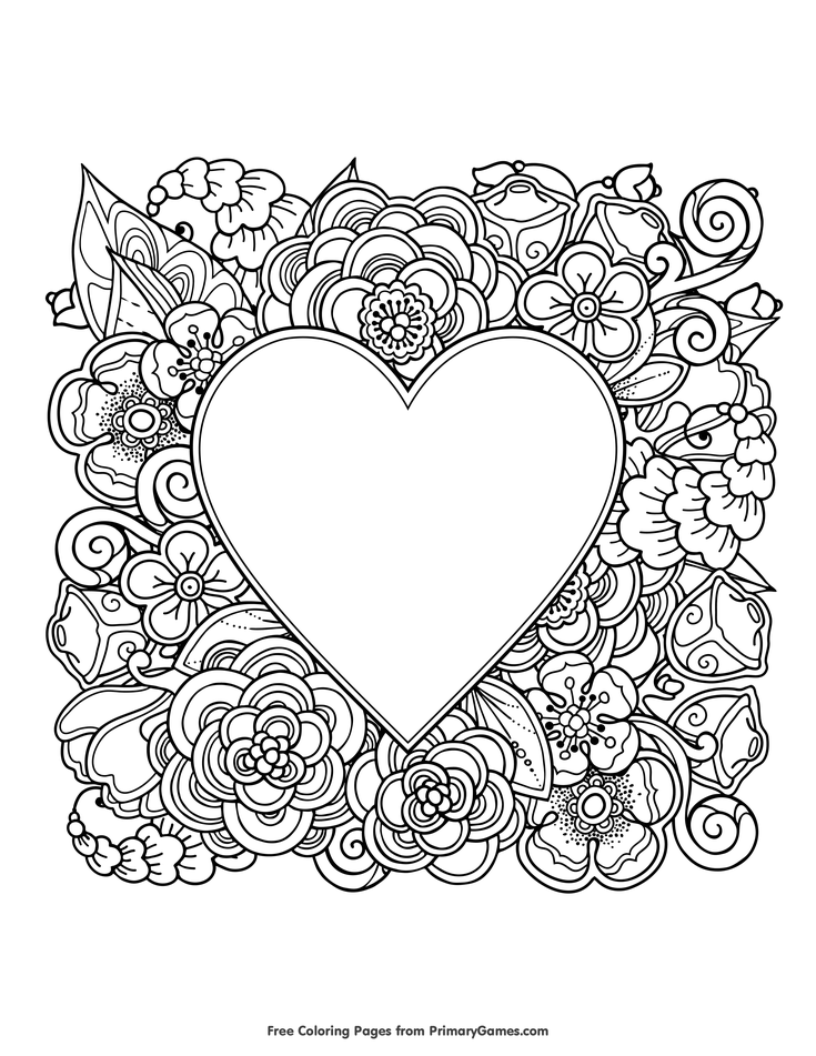 Heart With Flowers Coloring Page • FREE Printable eBook | Heart coloring  pages, Valentine coloring pages, Valentines day coloring