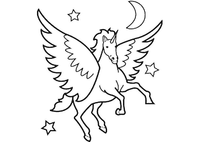 Online coloring pages Coloring page Unicorn in the night sky Animals,  Download print coloring page.