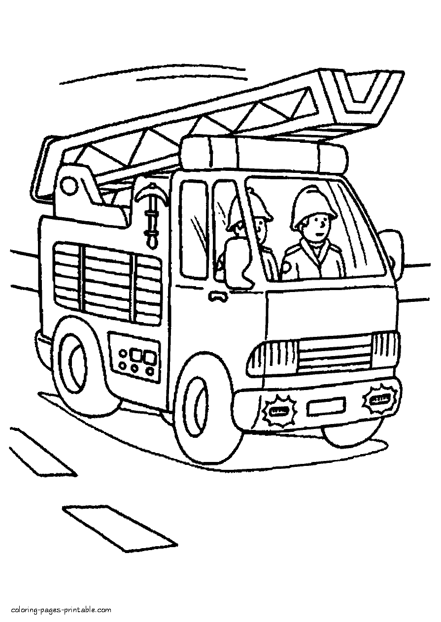 Fire truck with firefighters coloring page || COLORING-PAGES-PRINTABLE.COM