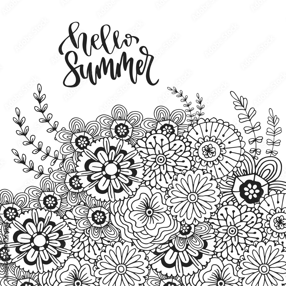 Vector abstract flowers for decoration. Adult coloring book page. Zentangle  art for design. Hello summer hand drawn lettering Stock Vector | Adobe Stock