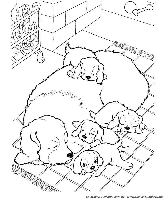 Dog Coloring Pages | Mother with puppies dog coloring page sheet |  HonkingDonkey