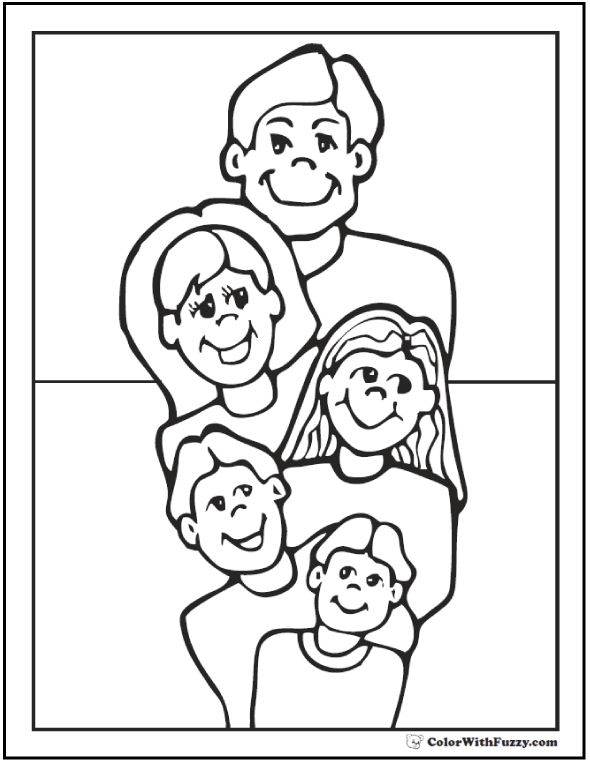 Family Father's Day Coloring Page: Dad, Mom, 3 Kids