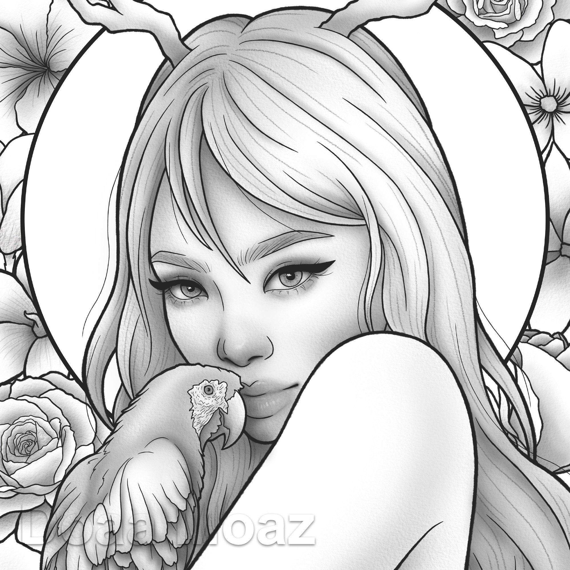 Printable Coloring Page Korean Girl Floral Fantasy Portrait | Etsy