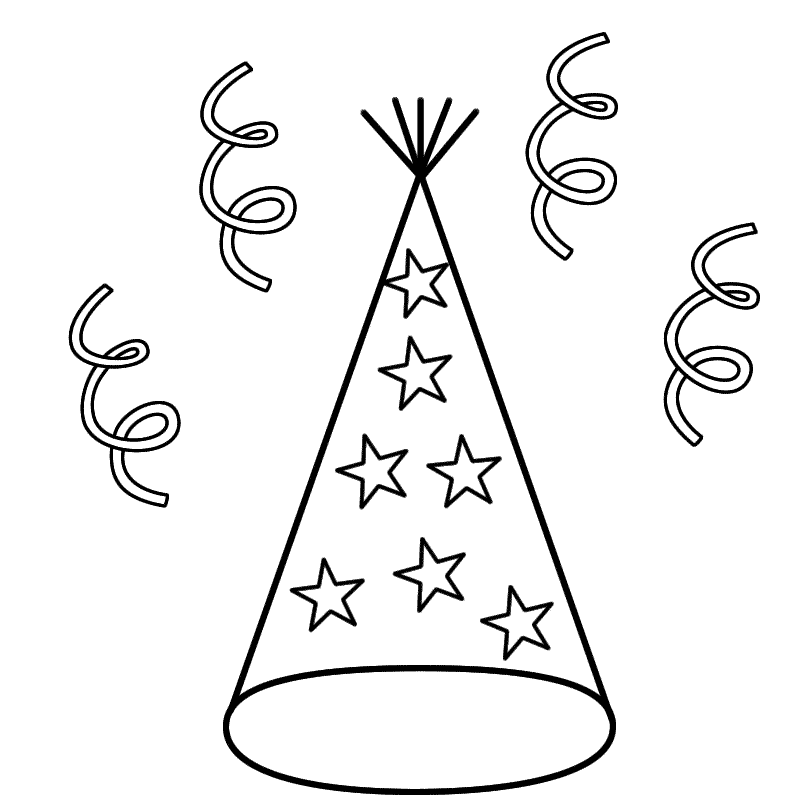 Party Hat with Stars and Streamers - Coloring Page (New Years)