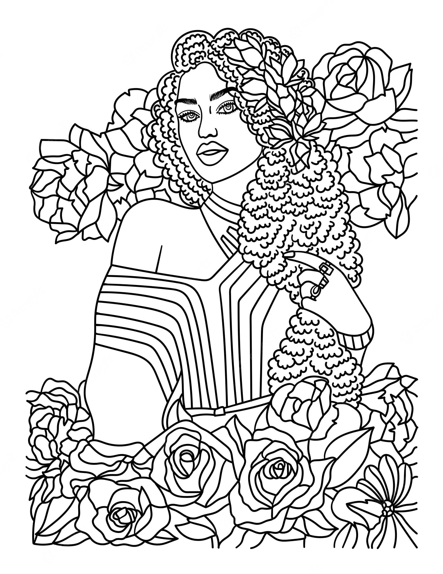 Premium Vector African American Flower Girl Adult Coloring Page Coloring Home