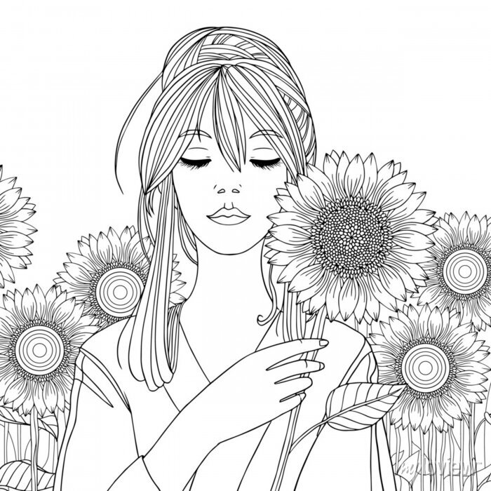 Pretty girl with sunflowers. summer coloring page. vector outline • wall  stickers landscape, fairy tale, dream | myloview.com
