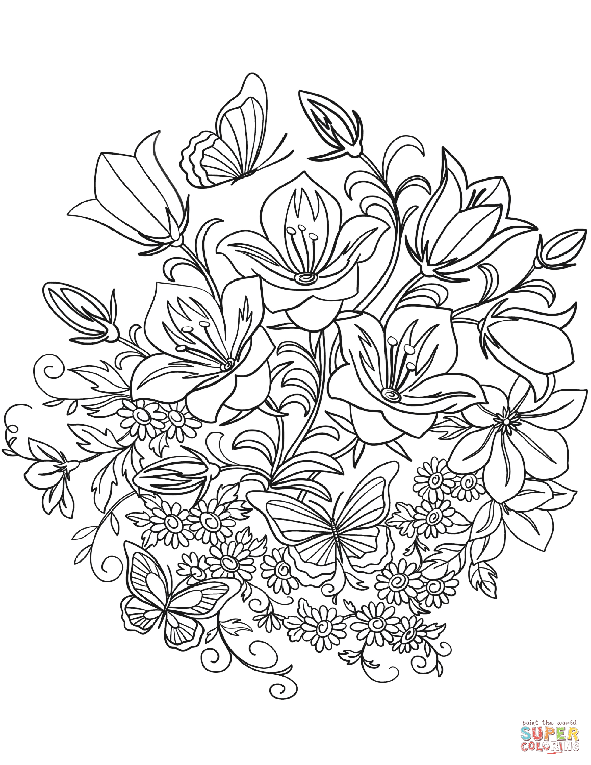 Butterfly and Flowers coloring page | Free Printable Coloring Pages
