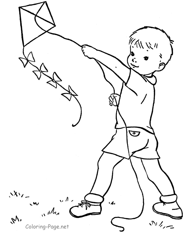 Spring Coloring Page - Boy and kite