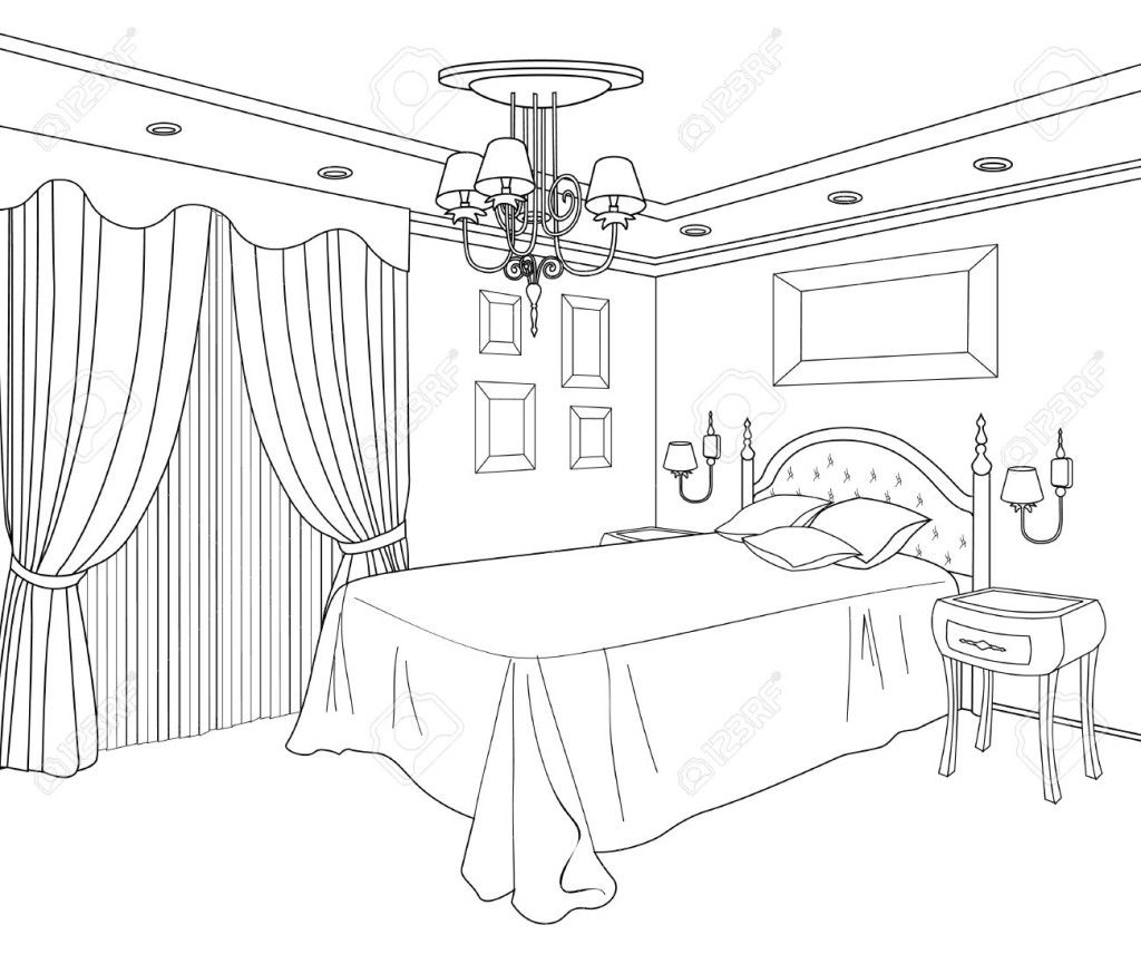 Bedroom Coloring Page | Interior design sketches, Interior, Drawing interior