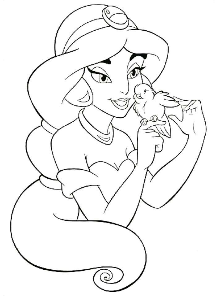 Princess Jasmine with bird coloring page