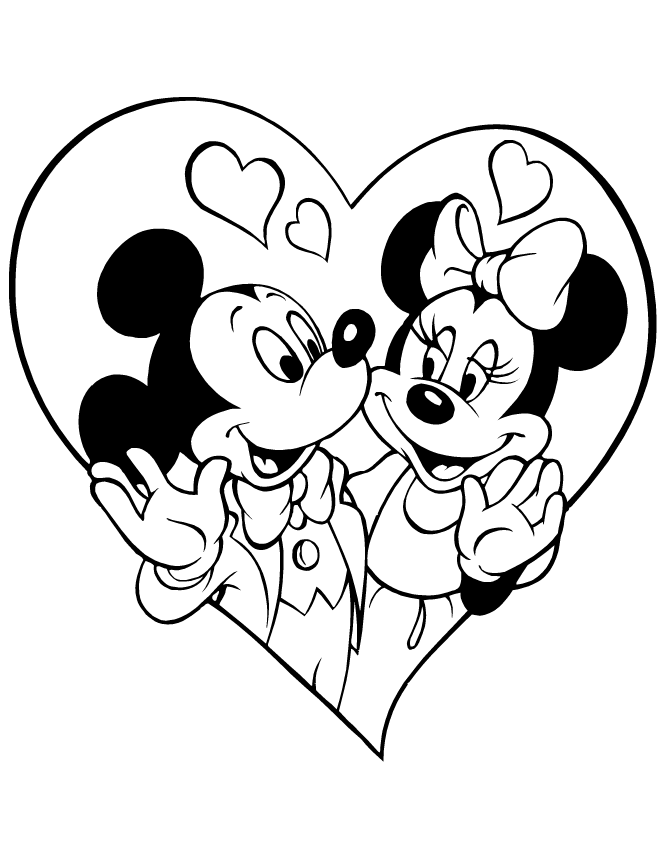 Mickey Mouse and Minnie Mouse in Love within a Heart - Free Disney Printable Valentine's Day Coloring Page