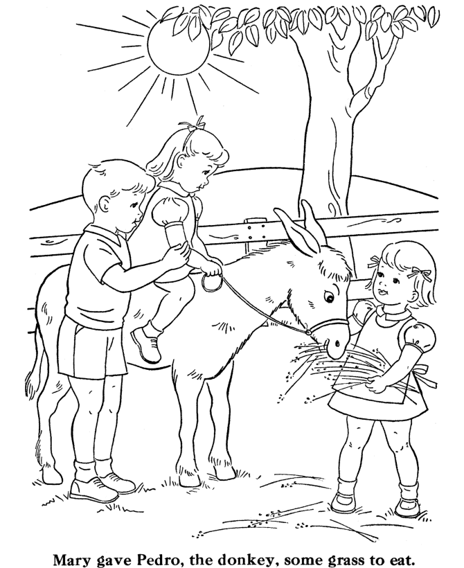 BlueBonkers: Kids Coloring Pages - Children riding a Donkey - Free 
