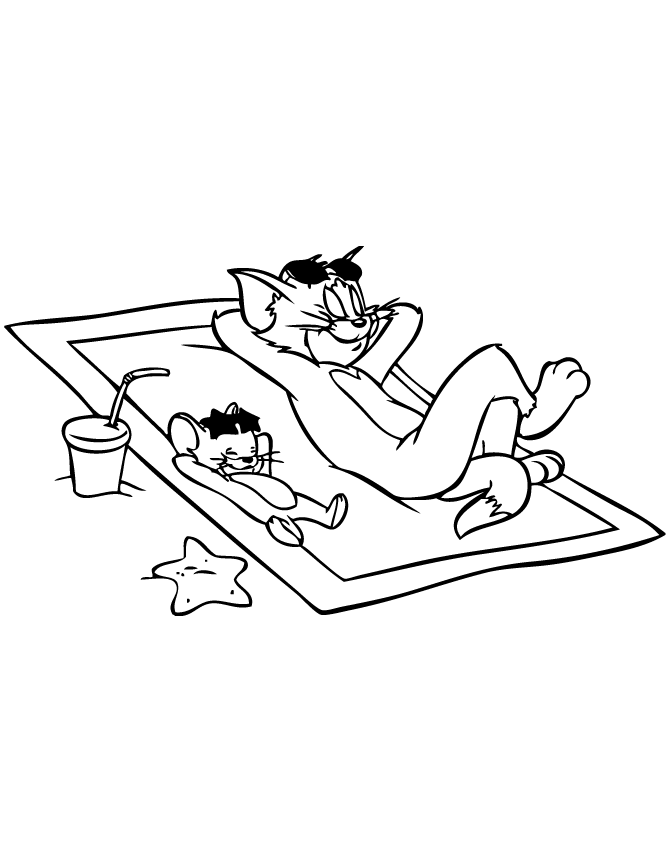 Tom And Jerry Relaxing At The Beach Coloring Page | Free Printable 