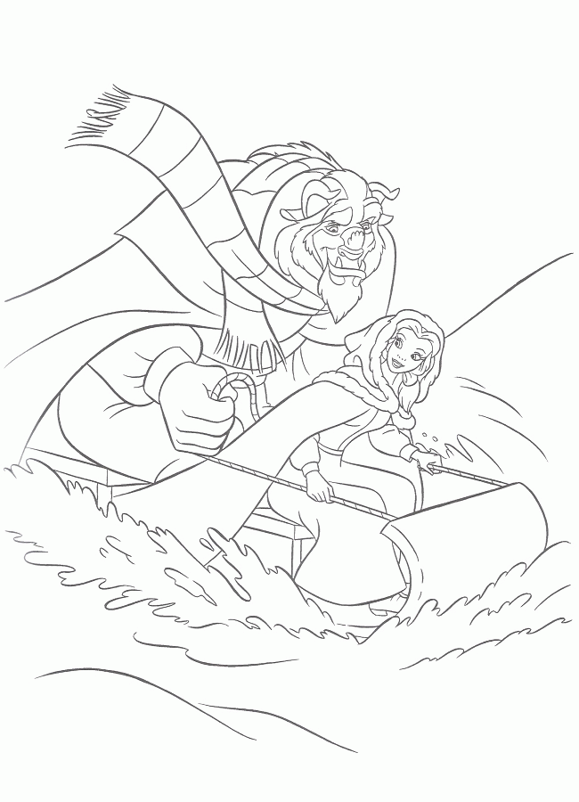 Beast Sledding With Belle Coloring Page | Kids Coloring Page