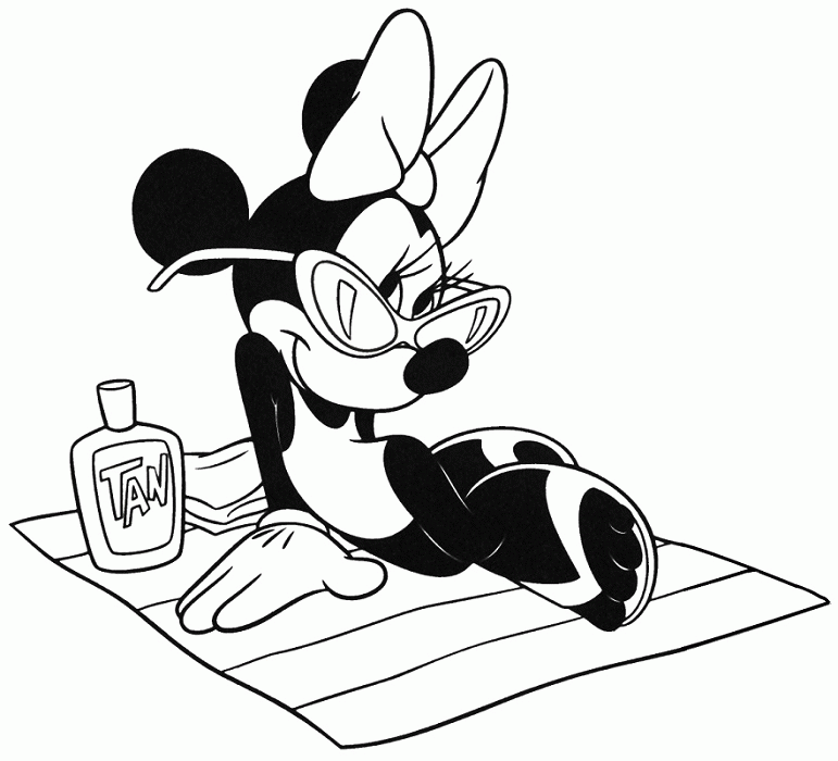 Minnie Tanning in Beach Coloring Page | Kids Coloring Page
