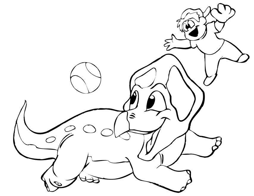 Dinosaur Coloring Page | Boy Playing Catch With Dinosaur