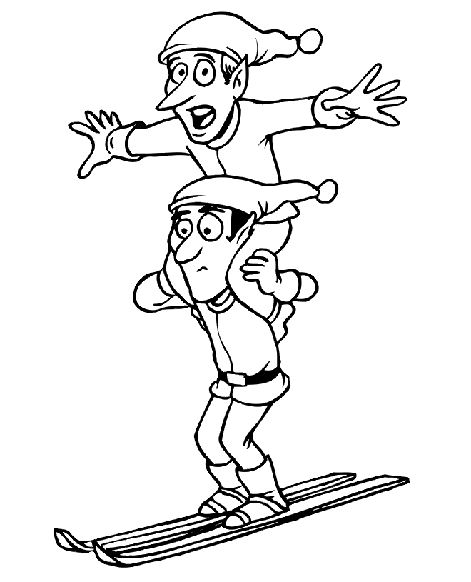 Skiing Coloring Page | Two Elves Skiing Piggy-Back