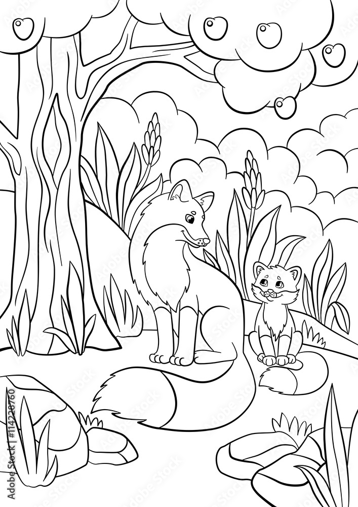 Coloring pages. Wild animals. Mother fox with her little cute baby Stock  Vector | Adobe Stock