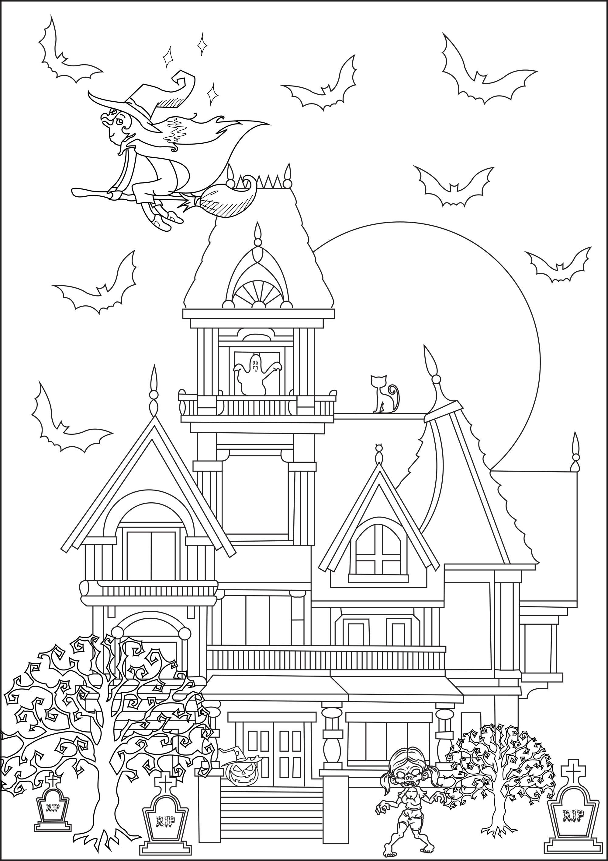 Maison hantée - Frightening Haunted mansion, with a witch and a zombie.  From the gallery : Halloween… | Halloween coloring pages, Halloween coloring,  Coloring pages