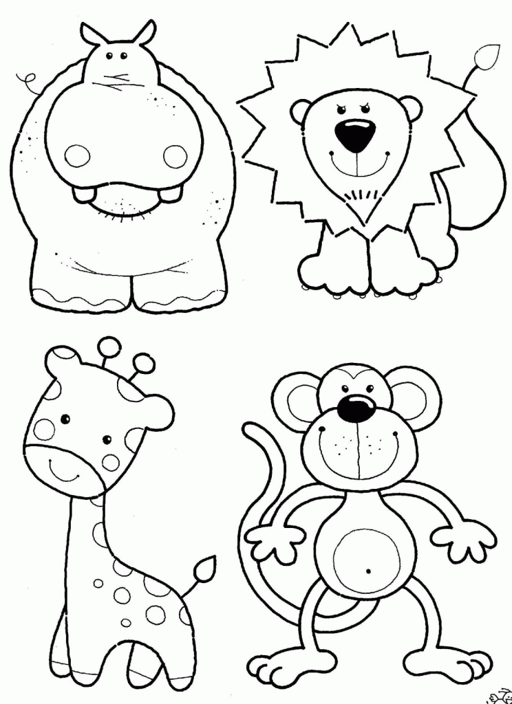 animals coloring pages : Lion, Giraffe, Monkey and Hippo 