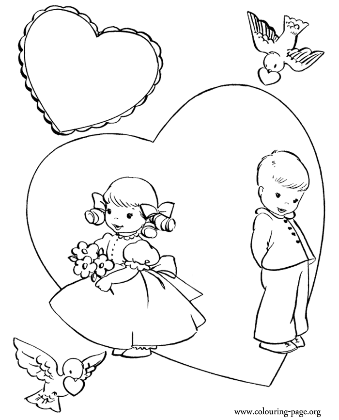 Valentine's Day - A boy and a girl in a large heart coloring page