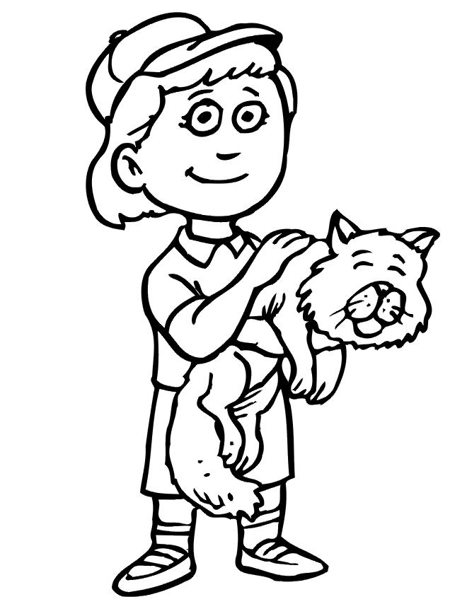 Cat Coloring Page | A Cat Held By a Young Boy