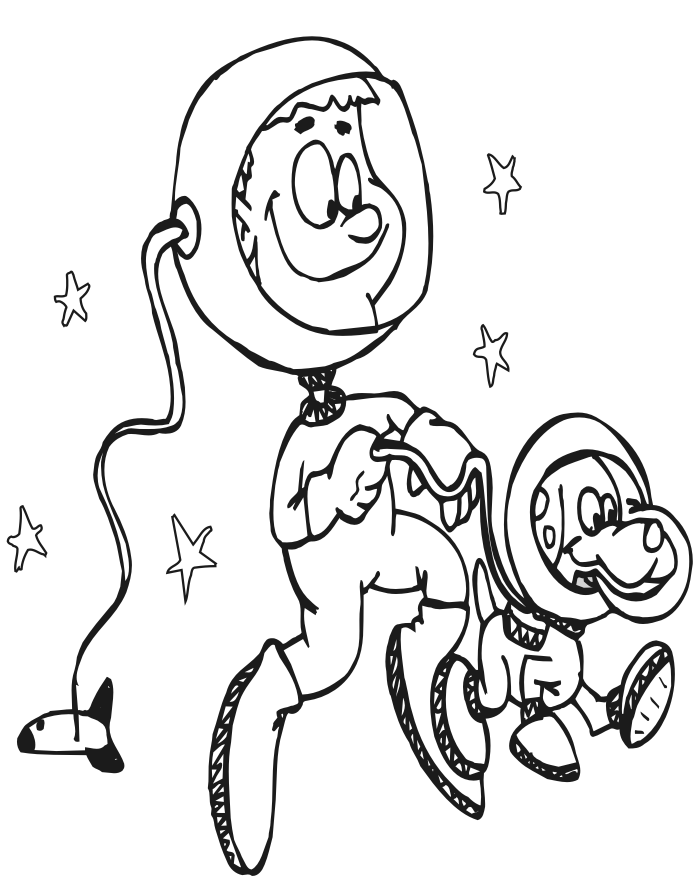 Space Coloring Page | Astronaut Walking Dog