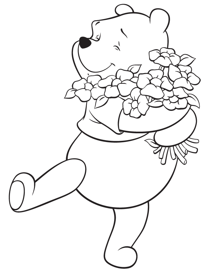 Winnie The Pooh Hugging Flowers Coloring Page | HM Coloring Pages