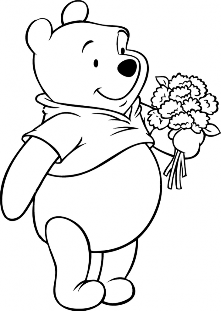 Bouquet of flowers and Winnie-The-Pooh , Simple Coloring Pages 