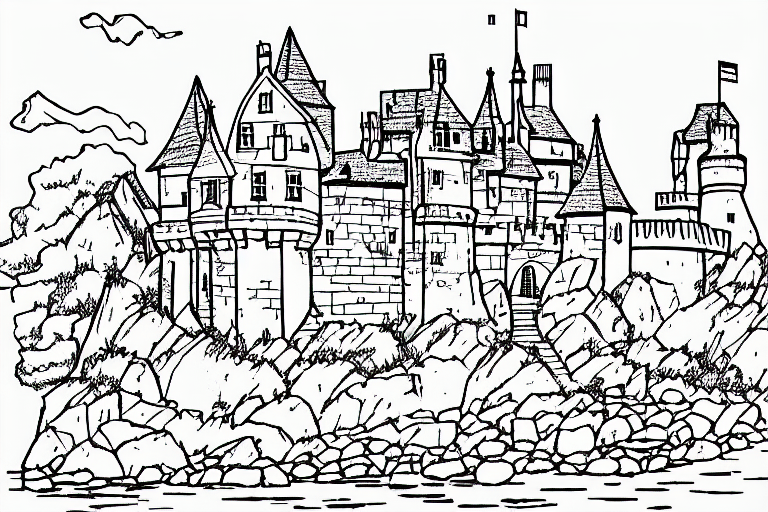prompthunt: an old castle on a seaside cliff coloring book, line art,  simple, low detail