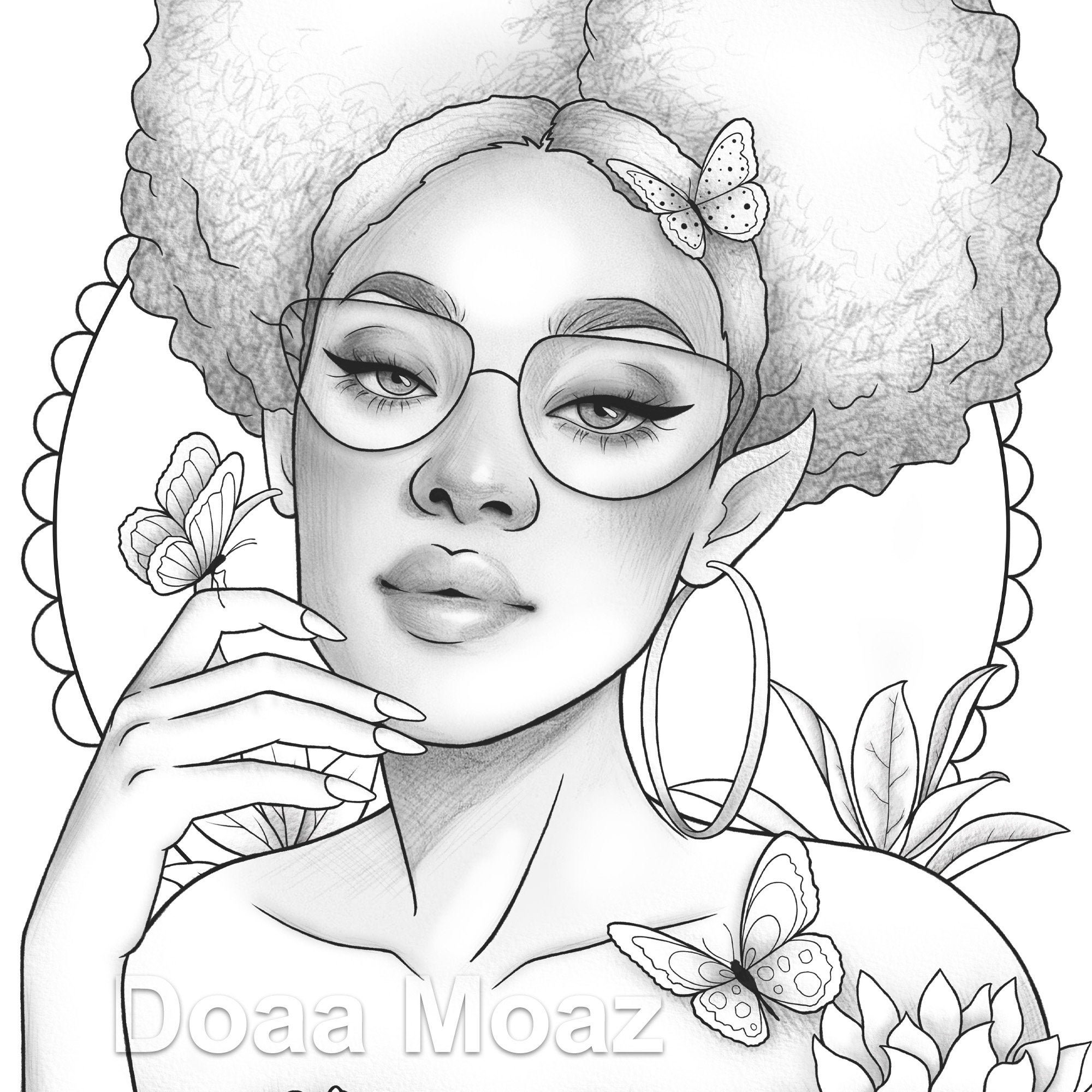 Printable Coloring Page Black Girl Floral Butterfly Portrait - Etsy