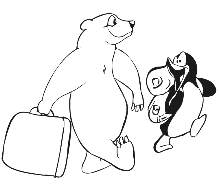 Penguin and Polar Bear Coloring Page: carrying luggage