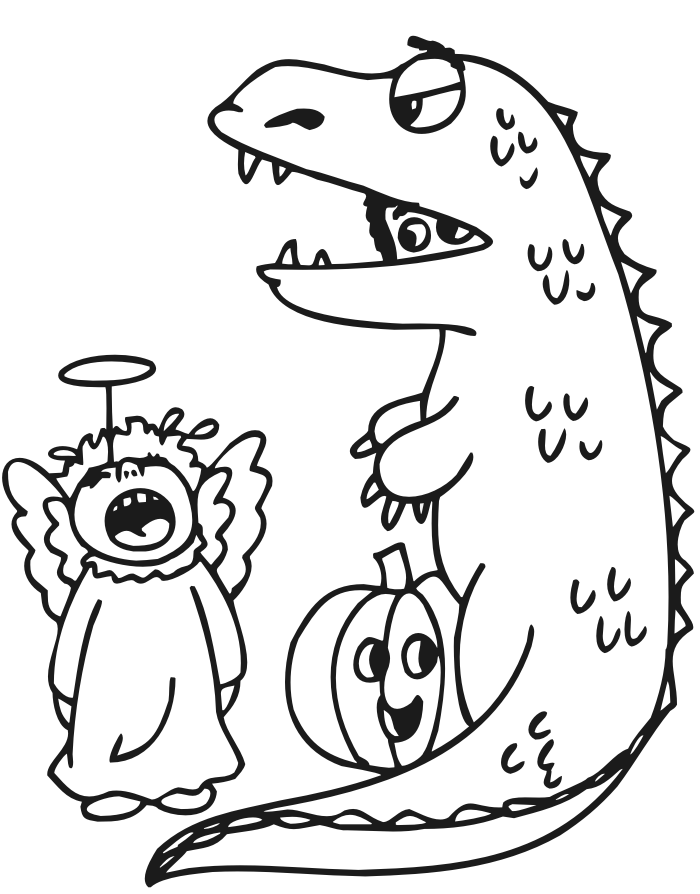 Halloween Coloring Page | Lizard and angel costumes