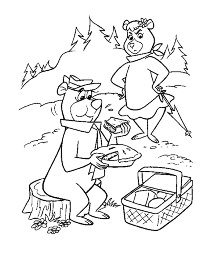 Yogi Bear Coloring Pages - Yogi eating from a picnic basket - Free 
