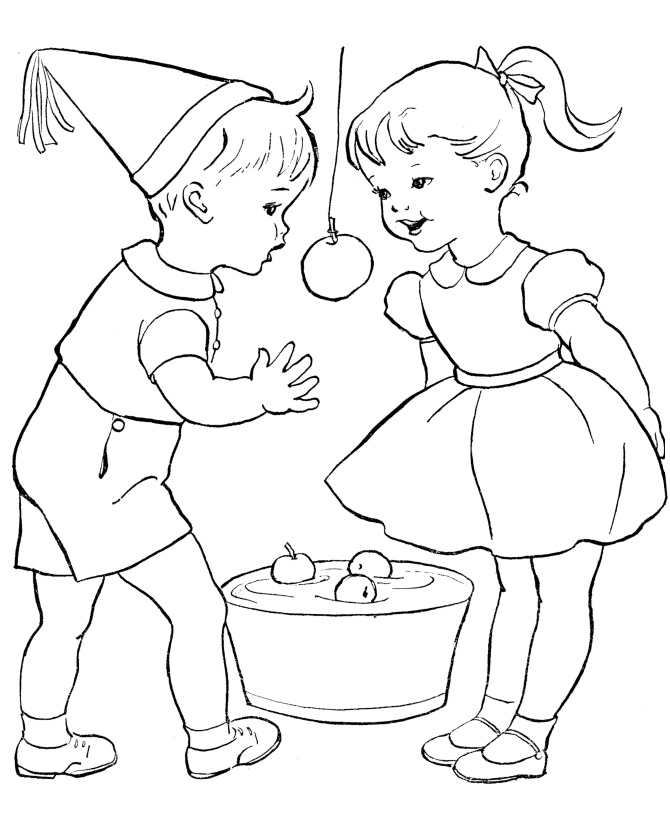 kids bobbing for apples Coloring page | party ideas