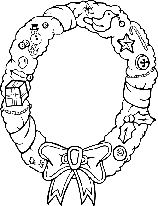 Xmas Wreath Coloring Page | Xmas Wreath With Decorations