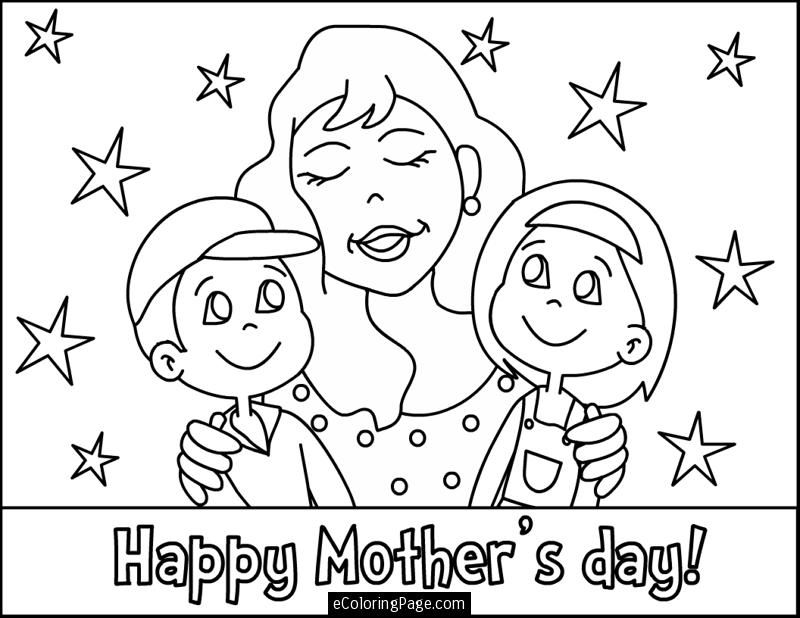 Happy Mothers Day Mommy with Kids Printable Colouring Sheet 